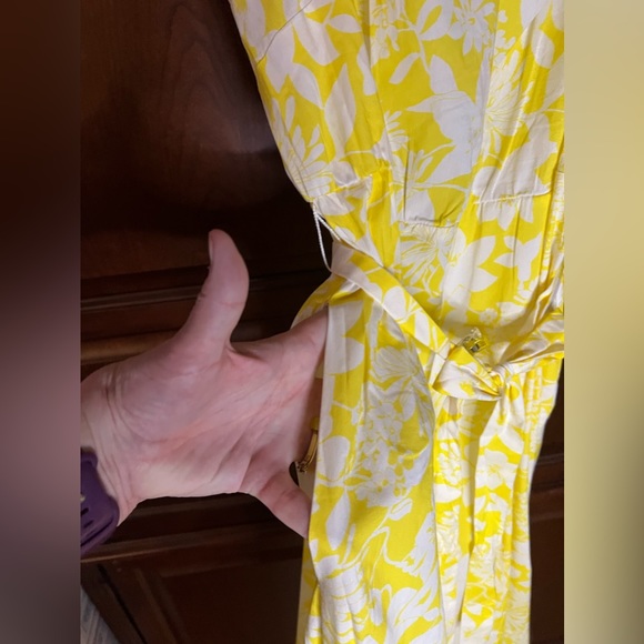 Fun vacation inspired bright yellow & white floral smocked sundress w/tie belt - Picture 5 of 7